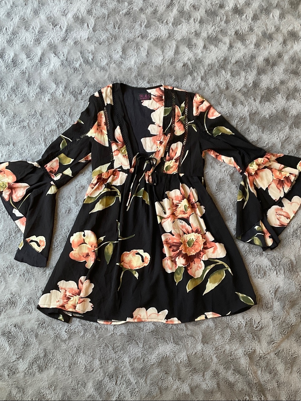 Hot Miami Styles Black Mini Dress swim cover up with Peach Floral Print